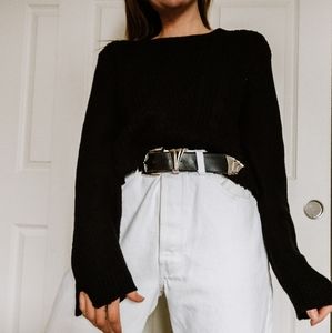 Ambiance Cropped Black Cable Knit Sweater Raw Hem